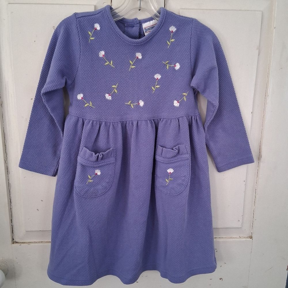 Vintage Buster Brown Purple Waffle Texture Pocket Dress with Embroidered Flowers